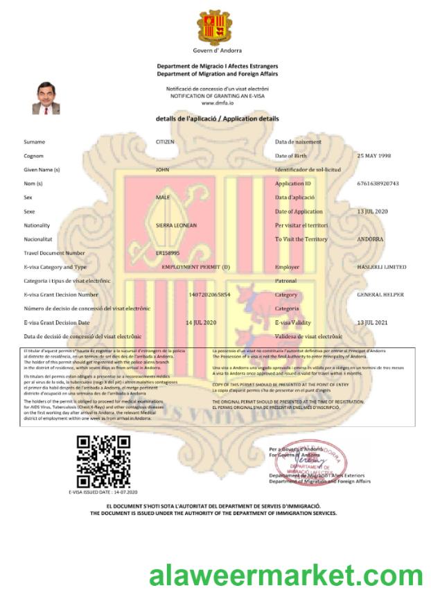 Andorra e-visa in Word and PDF template